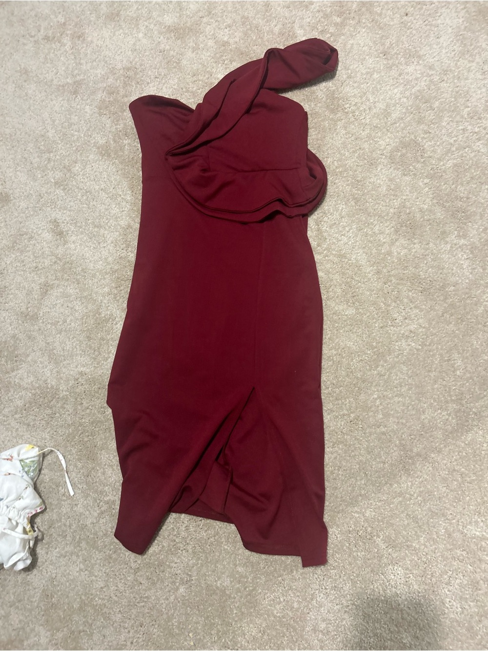 One-Shoulder Ruffle Midi Dress in Burgundy